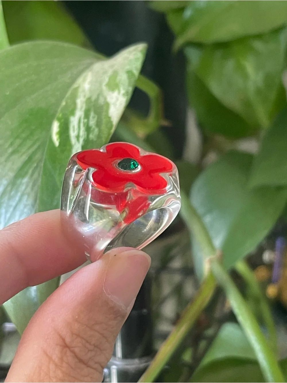 Red Flower Resin Ring with Green Gem